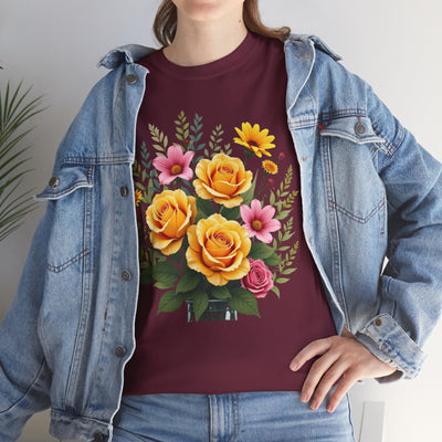 Wildflowers and Yellow Roses, Graphic T-Shirts for Women, Floral Shirt, Womens Short Sleeve, Ladies Graphic Tees #5135TTS