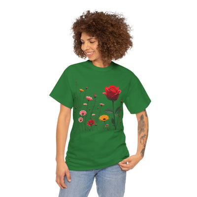 Wildflowers and a Red Rose, Graphic T-Shirts for Women, Floral Shirt, Womens Short Sleeve, Ladies Graphic Tees #5006TTS
