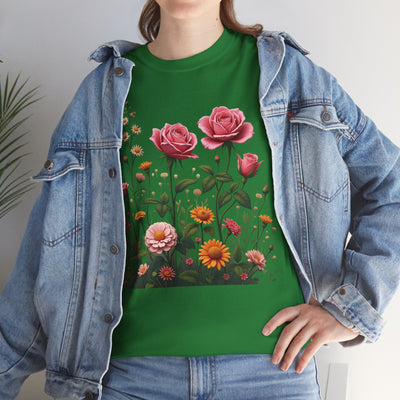 Wildflowers and Pink Roses, Graphic T-Shirts for Women, Floral Shirt, Womens Short Sleeve, Ladies Graphic Tees #5013TTS