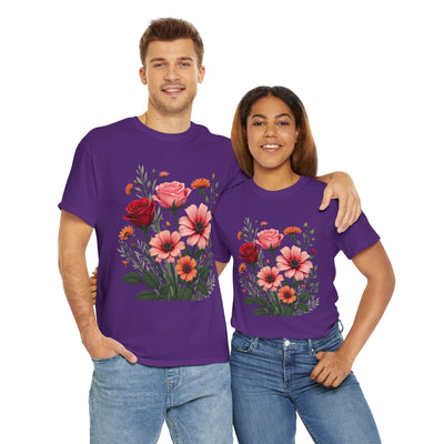 Wildflowers and Pink & Red Roses, Graphic T-Shirts for Women, Floral Shirt, Womens Short Sleeve, Ladies Graphic Tees #5133TTS