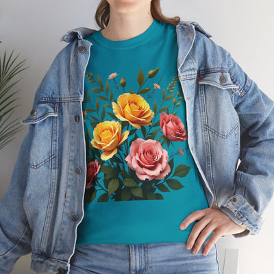 Wildflowers and Pink & Yellow Roses, Graphic T-Shirts for Women, Floral Shirt, Womens Short Sleeve, Ladies Graphic Tees #5149TTS