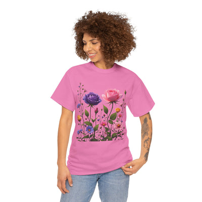 Wildflowers and Pink/Violet Roses, Graphic T-Shirts for Women, Floral Shirt, Womens Short Sleeve, Ladies Graphic Tees #5101TTS