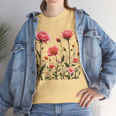Wildflowers and Pink Roses, Graphic T-Shirts for Women, Floral Shirt, Womens Short Sleeve, Ladies Graphic Tees #5022TTS