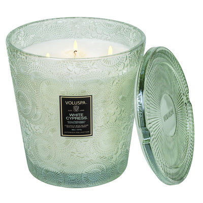 Voluspa White Cypress Candle | 3 Wick Glass Boxed Hearth | 38 Oz. | Natural Wicks and Coconut Wax for Cleaner Burning