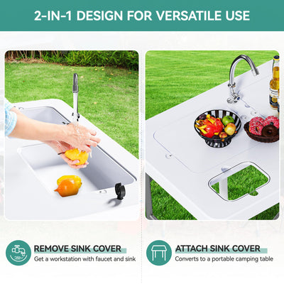 Yitahome Fish Cleaning Table with Deep Sinks & Sprayer 40" Portable Fish Cleaning Table w/Water Hose Hookup & Faucet, Folding Camping Sink Table Ideal for Picnic Fishing, White