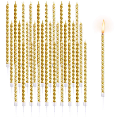 30 Pieces Birthday Candles Spiral Cake Candles Metallic Cupcake Candles Long Thin Cake Candles in Holders for Birthday Wedding Party Cake Decorations (Gold)
