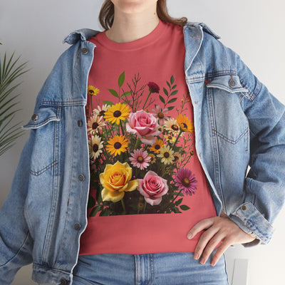 Wildflowers and Pink & Yellow Roses, Graphic T-Shirts for Women, Floral Shirt, Womens Short Sleeve, Ladies Graphic Tees #5150TTS