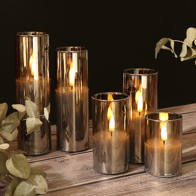 Eywamage 5 Pack Grey Glass Flameless Candles with Remote, Flickering Slim Tall LED Pillar Votive Candles Battery Included