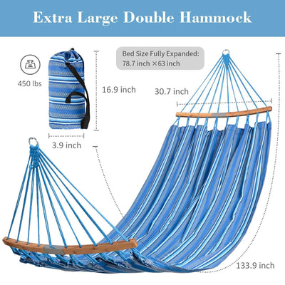 SUNCREAT Hammocks Double Hammock with Curved Spreader Bar, Outdoor Portable Hammock with Carrying Bag & Tree Straps for Bedroom, Patio, Backyard, Balcony, Max 450lbs Capacity, Blue