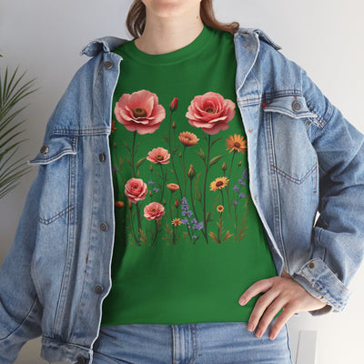 Wildflowers and Pink Roses, Graphic T-Shirts for Women, Floral Shirt, Womens Short Sleeve, Ladies Graphic Tees #5015TTS
