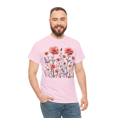 Wildflowers and Pink Roses, Graphic T-Shirts for Women, Floral Shirt, Womens Short Sleeve, Ladies Graphic Tees #5015TTS