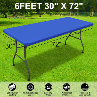 smiry Rectangle Tablecloth, Elastic Fitted Flannel Backed Vinyl Tablecloths for 6ft Folding Tables, Waterproof Wipeable Table Covers for Indoor, Outdoor, Picnic and Camping (Blue, 30"x72")