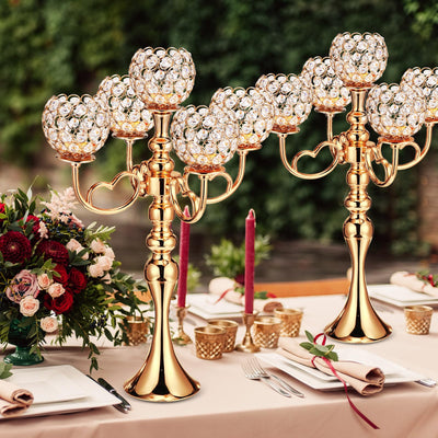 Tioncy 4 Pcs 5 Arm Gold Crystal Candle Holders 21.5 Inch Tall Gold Candelabra Centerpiece with Crystal Candle Holder Bowl for Wedding Home Anniversary Dinner Party Table Decoration (Gold)