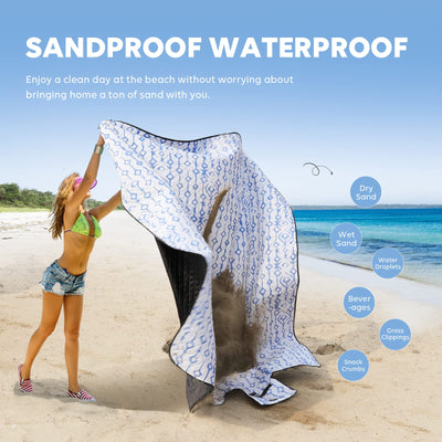 ZAZE Beach Blanket Picnic Blankets Waterproof Sandproof with Stakes, Thick 3-Layer 80 * 80 Oversized Mat, Extra Large Big Machine Washable, Foldable Accessories Outdoor Camping Park Gift(Blue White)