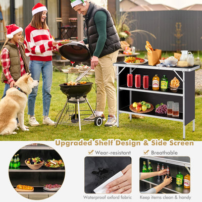 COSTWAY Folding Picnic Camping Table, Portable Lightweight Aluminum Table with Carry Bag, Food Prep Station with 2 Shelves, Quick Set-up, Outdoor Camping Table for BBQ, Party, Backyard (Black)