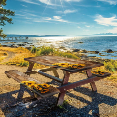 YEYE JUICE Wood Grain Sunflower Picnic Table Cover with Bench Covers Camping Essentials Waterproof Windproof Camping Tablecloth, Fitted Rectangle Tables and Seats, 6FT, 72in