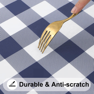 smiry Round Picnic Table Cloth, Elastic Waterproof Fitted Vinyl Tablecloth for 36"-44" Tables, Flannel Backed Buffalo Plaid Table Covers for Dining, Camping, Outdoor, White and Navy