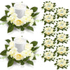 Jutom 12 Pcs Wedding Rose Candle Rings Artificial Floral Wreaths with Green Leaves Flower Candle Rings Candleholders Garland for Pillar Centerpiece Party Table Decor, 3.94'' Inner Diameter, White