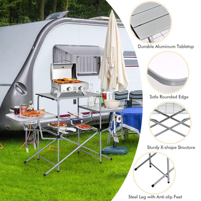 Giantex Folding Grill Table with 26'' Main Tabletop, Portable Aluminum Camping Table, Carrying Bag, Quick Set-up, Outdoor Camping Kitchen Food Prep Station for Picnic Tailgating RVing Backyard