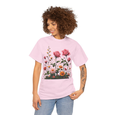 Wildflowers and Pink Roses, Graphic T-Shirts for Women, Floral Shirt, Womens Short Sleeve, Ladies Graphic Tees #5013TTS