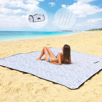 ZAZE Beach Blanket Picnic Blankets Waterproof Sandproof with Stakes, Thick 3-Layer 80 * 80 Oversized Mat, Extra Large Big Machine Washable, Foldable Accessories Outdoor Camping Park Gift(Blue White)