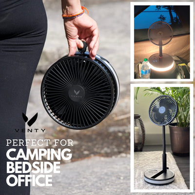 VENTY Portable Fan - Wireless Battery Operated Fan, 48HR Run Time 16000MAH Oscillating Rechargeable Fan, Remote Control & LED Lighting, Folding Telescopic Camping Fan (Black with Case)