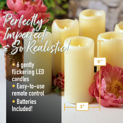 Set of 6 Ivory Real Melted Wax 3x6 Flameless LED Pillar Candles with Timer Remote and Batteries