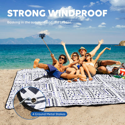 ZAZE Picnic Blankets Beach Blanket with Stakes, Thick 3-Layer Waterproof Sandproof 80*80 Oversized Mat, Foldable Extra Large Big, Machine Washable Accessories for Outdoor Camping Park Gift(Black Blue)