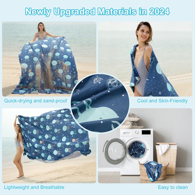 ISOPHO Beach Blanket Sand Proof, Pongee Picnic Blankets, Extra Large Beach Mat Quick Drying, Lightweight & Durable, Esentials for Outdoors, Travel, Beach Picnic, 79 x 87 Inches, Jellyfish Print
