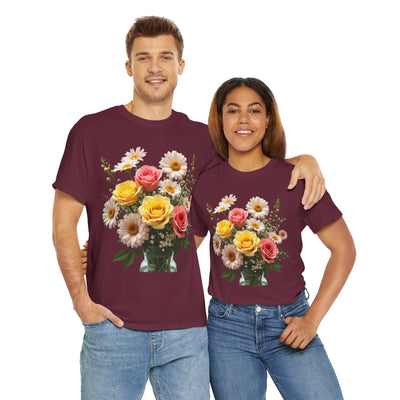 Wildflowers and Pink & Yellow Roses, Graphic T-Shirts for Women, Floral Shirt, Womens Short Sleeve, Ladies Graphic Tees #5136TTS