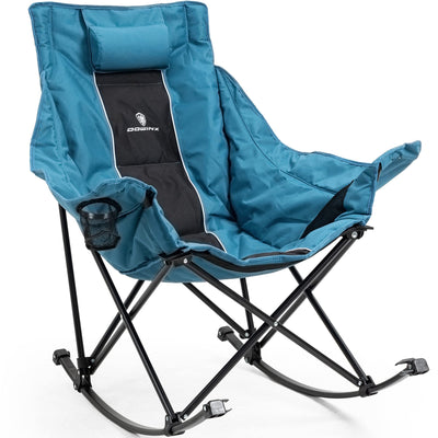 Dowinx Oversized Rocking Camping Chair, Fully Padded Patio Chair with Side Pocket and Carry Bag, High Back Portable Lawn Recliner with Headrest, Support 300 lbs, Blue