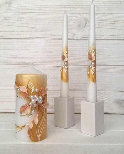 Magik Life Unity Candle Set for Wedding - Wedding Unity Set for Reception and Ceremony - Candle Sets - 6 Inch Pillar and 2 * 10 Inch Tapers-Gold