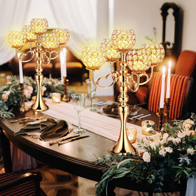 Tioncy 4 Pcs 5 Arm Gold Crystal Candle Holders 21.5 Inch Tall Gold Candelabra Centerpiece with Crystal Candle Holder Bowl for Wedding Home Anniversary Dinner Party Table Decoration (Gold)