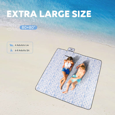 ZAZE Beach Blanket Picnic Blankets Waterproof Sandproof with Stakes, Thick 3-Layer 80 * 80 Oversized Mat, Extra Large Big Machine Washable, Foldable Accessories Outdoor Camping Park Gift(Blue White)