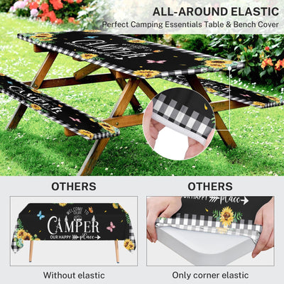 Nesphy Sunflower Picnic Table Cover with Bench Covers, Black Buffalo Plaid Summer Floral Farmhouse Outdoor Camping Essentials 6FT 3PCS Fitted Rectangle RV Must Haves Tablecloth with Drawstring Bag