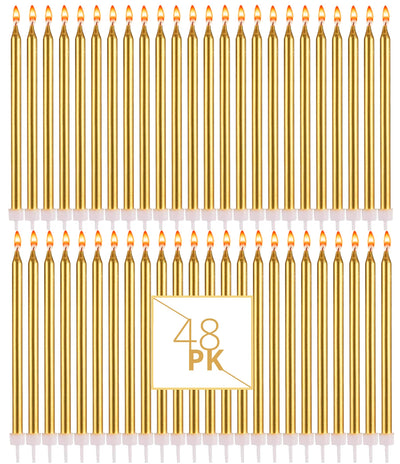 Bundaloo Gold Birthday Candles for Cake - Set of 48 Gold Candles for Birthday Cakes - with Plastic Holders, 5.5" Long, 0.20" Thickness