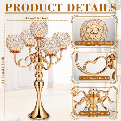 Tioncy 4 Pcs 5 Arm Gold Crystal Candle Holders 21.5 Inch Tall Gold Candelabra Centerpiece with Crystal Candle Holder Bowl for Wedding Home Anniversary Dinner Party Table Decoration (Gold)