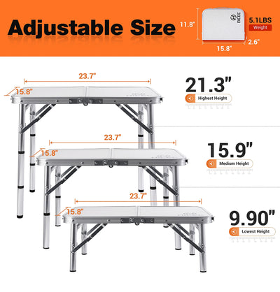 Nice C Card Table, Folding Picnic Table, Small Table, Adjustable Height Folding Table, Camping, Outdoor, Portable Lightweight Aluminum, with Carry Handle for Beach, Indoor, Office (Small)