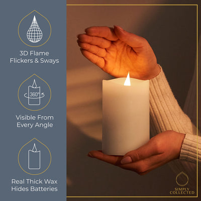 Simply Collected Flickering Flameless Candles Battery Operated with Timer, 800+ Hours Realistic 3D Moving Flame, Battery Candles, Electric LED Candle, Real Wax Pillar, Unscented | White - 3x6 Inches