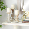 Deco 79 Mango Wood Turned Style Pillar Candle Holder with Distressed Finish, Set of 3, 6", 8", 10"H, Cream