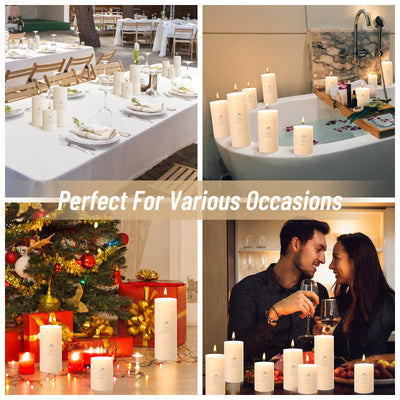 Set of 12 Poured Pillar Candle 3"x 4", 6", 8" Dripless Unscented Candles Long Clean Burning Rustic Country Style Ideal for Wedding, Home Decor, Relaxation and Other Occasions (Ivory White)