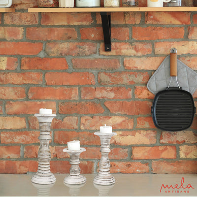 “Jharana II” Candle Holders for Pillar Candles (Distressed White, Set of 3) - Mangowood Candle Stand - Farmhouse Wooden Candle Holders Pillar - Candle Holder Decor for Table Centerpiece - 6”, 9”, 12”