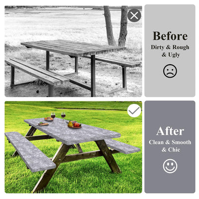 Vaukki Picnic Table and Bench Fitted Tablecloth Cover, Picnic Table Cover with Bench Covers, Flannel Backing Elastic Waterproof Plastic Cover with Bag for Outdoor and Camping(Grey Flower,72 inches)