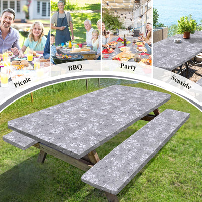 Vaukki Picnic Table and Bench Fitted Tablecloth Cover, Picnic Table Cover with Bench Covers, Flannel Backing Elastic Waterproof Plastic Cover with Bag for Outdoor and Camping(Grey Flower,72 inches)