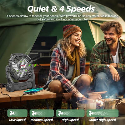 CONBOLA Portable Rechargeable Camping Fan for Tent with LED Lantern, 10-Inch Battery Operated Outdoor Fan with Hanging Hook, 270° Rotation, Small Quiet Personal Usb Cooling Fan for Travel, Fishing
