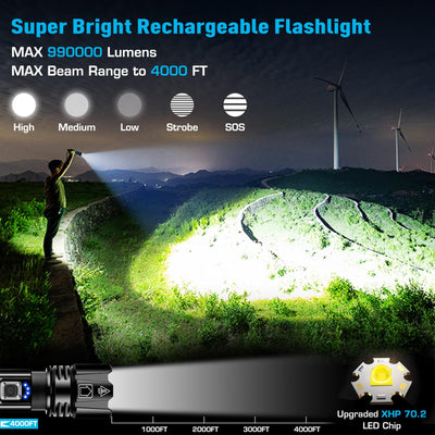 ANKRA Rechargeable Flashlight 990000 High Lumens, Powerful LED Flashlight XHP70.2 with 5 Modes & Zoomable & IPX7 Waterproof, Tactical Flashlight for Camping, Hiking, Emergencies(2 Pack)