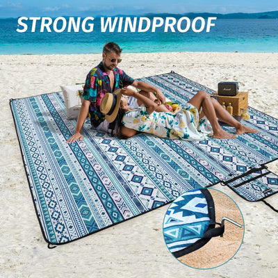 Picnic Blankets Extra Large Outdoor 80" x 80" - Beach Blanket Waterproof Sandproof with Shoulder Strap, Machine Washable, Picnic Mat with Stakes for Grass Concert, Park, Lawn,Travel, Spring Summer. Blue