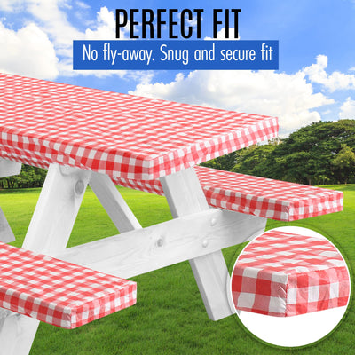 LINPRO Premium Picnic Table Cover with Bench Covers Vinyl Fitted Picnic Table Covers with Elastic RV Camping Accessories and Camper Must Haves Waterproof (Red Gingham, 72 x 30 (6ft))
