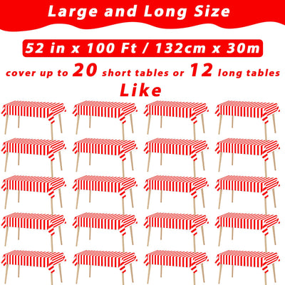 Red and White Striped Tablecloth Roll 52 in x 100 Ft with Slide Cutter Circus Carnival Party Supplies Plastic Picnic Party Table Cover for Indoor Outdoor Events Family Banquet Parties and Celebrations