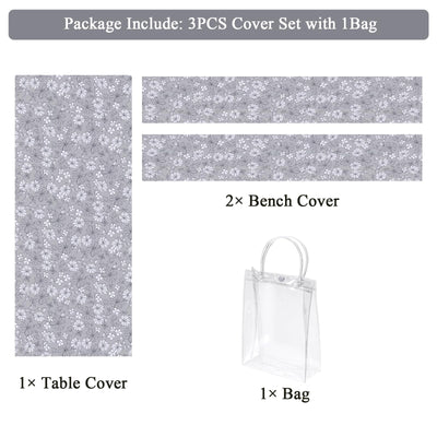 Vaukki Picnic Table and Bench Fitted Tablecloth Cover, Picnic Table Cover with Bench Covers, Flannel Backing Elastic Waterproof Plastic Cover with Bag for Outdoor and Camping(Grey Flower,72 inches)